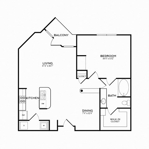 Floor plan for 1 bed, 1 bath, 938 sqft